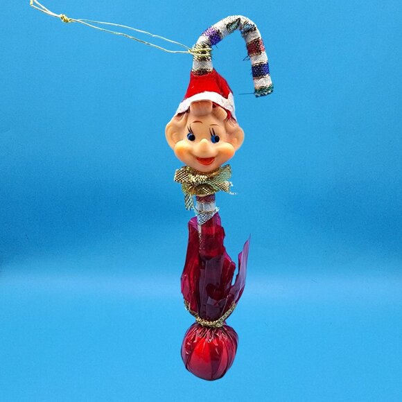 Vintage 1950s Japan Pixie Elf Lollipop Ornament Rubber Head Candy Cane Hat - Picture 3 of 11